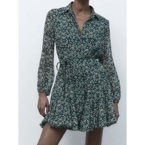 ZARA Sheer Leaf Print Belted Button Front Dress in Forest Green Boho - Size S